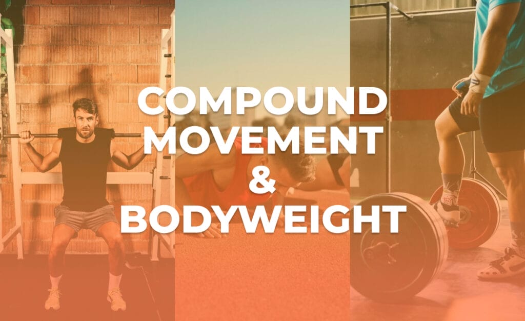 showing three different gym exercises: squat, push up and deadlift