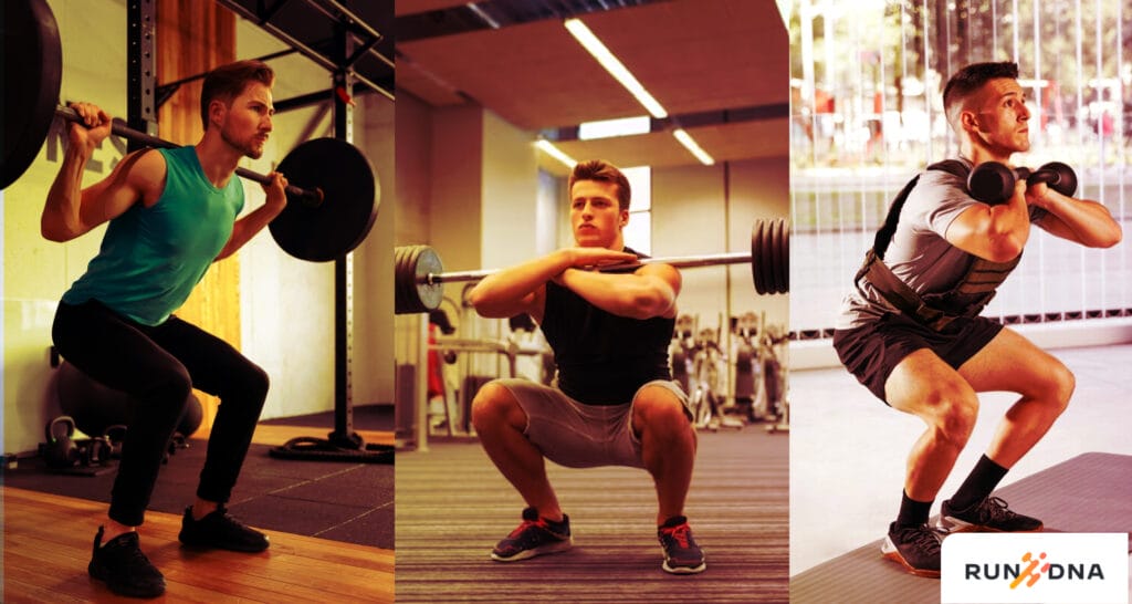 Detailed demonstration of back squat, front squat, and goblet squat for runners' lower body strength.